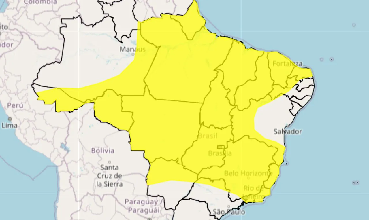 o mapa mostra as &aacute;reas alerta amarelo para chuva intensa